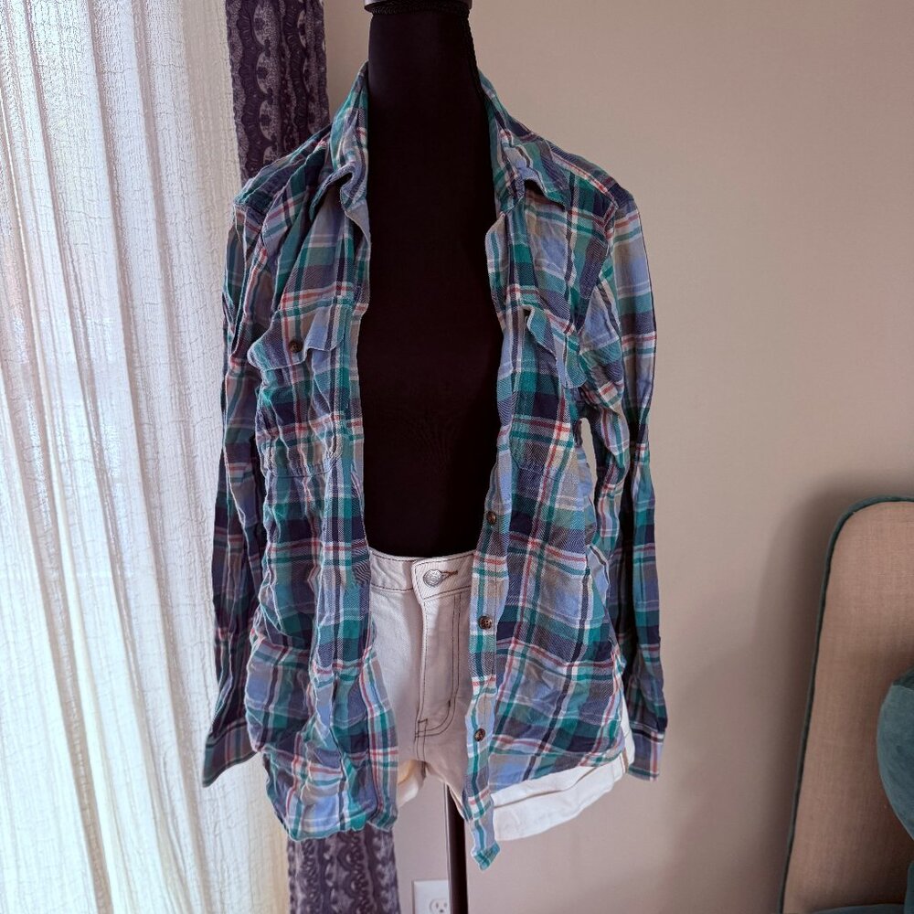 Chaps Denim Navy Blue Turquoise Red Striped Button Down Top XL